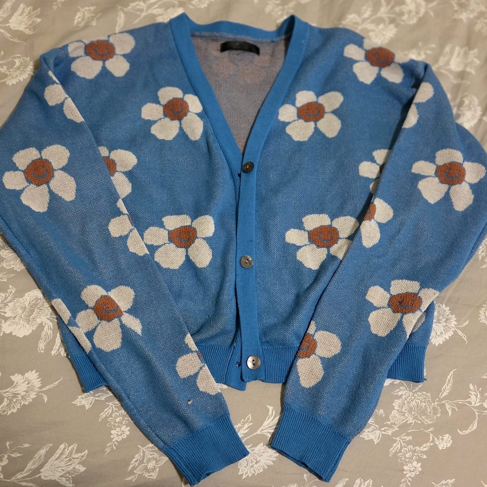 SHEIN Blue Cardigan with White and Orange Smiley Face Flowers Women's Small
